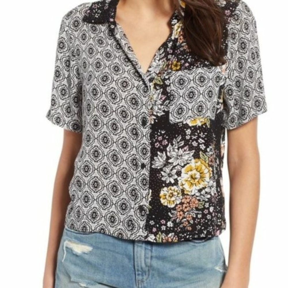 Hiatus Mixed Print Floral Patchwork Boxy Button Up Shirt NWT Size S